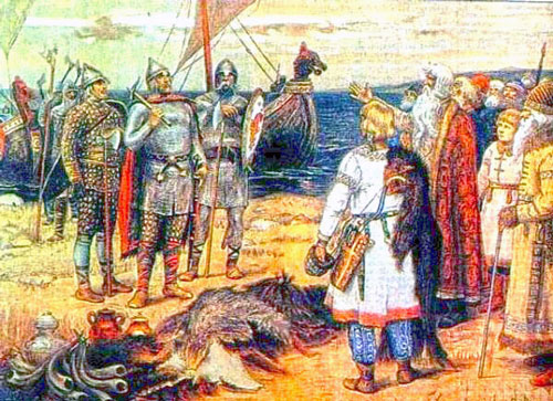Приглашение варягов: Рюрик и его братья Синеус и Трувор прибывают на земли Ильменских славян.