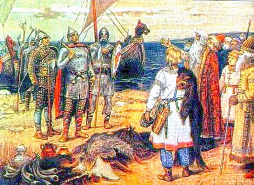 Приглашение варягов: Рюрик и его братья Синеус и Трувор прибывают на земли Ильменских славян.
