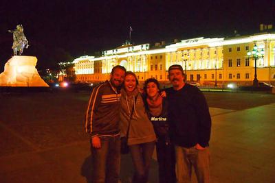 Martina with her friends taking a photo near the Bronze Horseman monument in St. Petersburg, Russia.